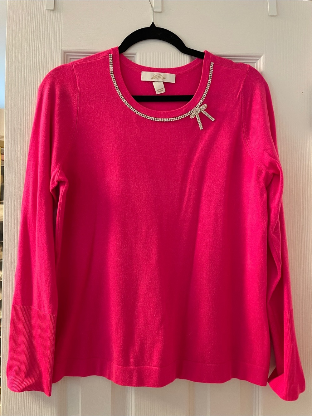 Lilly Pulitzer Hot Pink Long Sleeve Sweater with Rhinestone Bow Trim